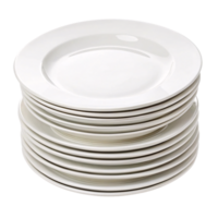 A tower of gleaming, white ceramic dinner plates, perfectly round and elegantly simple. Ideal for formal or everyday dining experiences png