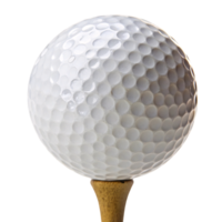 A white, dimpled golf ball atop a golden wooden tee, its glossy finish glinting in bright light, awaiting the golfer strike png