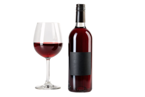 A striking red wine bottle with a sleek black label, complemented by a matching glass brimming with the robust beverage png