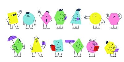 Abstract geometric character. Simple cute geometry shapes with funny faces, legs, hands. Funny square, triangle, circle. set. vector