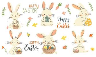 A set of flat illustrations in a simple children's style and lettering on the theme of Easter. Cute bunnies and rabbits holding baskets with Easter eggs vector