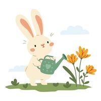 Flat illustration on white background in simple childish style. Cute rabbit watering flowers from watering can, spring illustration vector