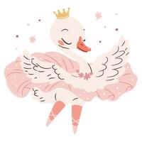 Cute swan ballerina dancing ballet, ballet tutu. Flat illustration in simple child style vector
