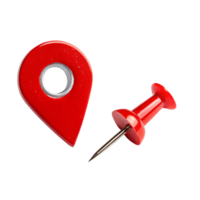 Bright red location marker and pushpin. Useful for pinpointing places on maps, representing navigation, or highlighting a significant spot png