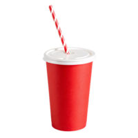 A bright red takeaway cup with a striped red-and-white straw emerging through a white plastic lid png