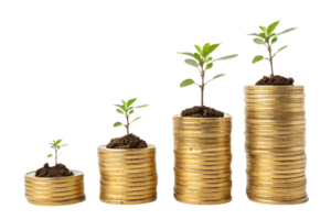 Four stacks of gold coins increasing in size, each topped with sprouting plants, symbolizing financial growth, investments, and the harmony of nature and economy png