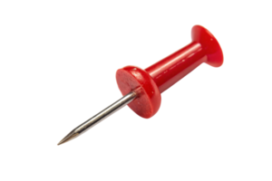 Close-up of a red pushpin, metallic point angled downward, highlighting its cylindrical body and circular base png