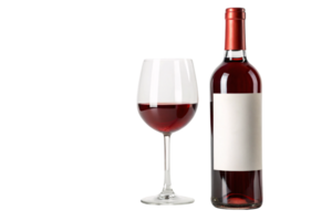 A bottle of deep crimson red wine with a glossy label alongside a glass showcasing its translucent ruby liquid png