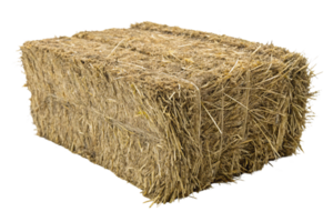 A compact rectangular hay bale, neatly tied with twine, emphasizing its coarse texture and golden hues used for animal feed or farming png