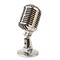 A silver vintage-style microphone with a polished finish, featuring a round base and intricate grille design, ideal for classic music enthusiasts png