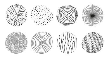 Round doodle shapes set, isolated on a white background. Hand drawn collection of borders with lines, dots, circles, and drops. Circle abstract scribble elements vector