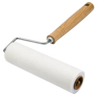 A slightly angled paint roller with a soft white head and ergonomic wooden handle, perfect for professional and DIY projects png