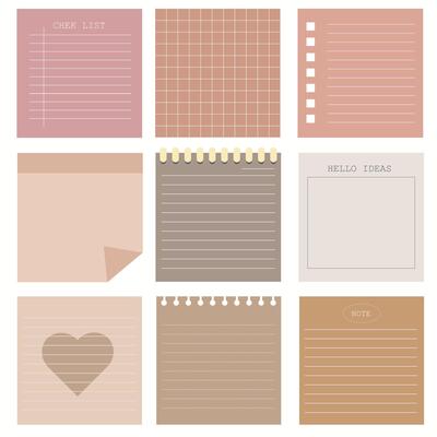 memo template. A collection of striped notes, blank notebooks, and torn notes used in a diary or office.