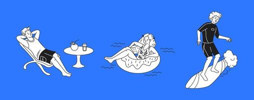 A woman exploring the underwater world with a snorkel, surrounded by fish, waves, and bubbles, enjoying a summer adventure in a stylish doodle illustration. vector