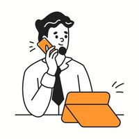 Office worker with phone and tablet orange color linear icon. Managing tasks in dynamic and work environment character doodle illustration vector