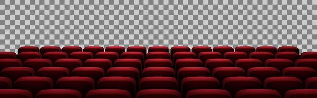Realistic 3D illustration of a cinema hall with multiple rows of red velvet seats arranged in a semi-circle. The background is making it suitable for various design projects. vector