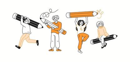 Young artists and students with giant pencils color linear icons collection. Creativity and imagination doodle characters on white background vector