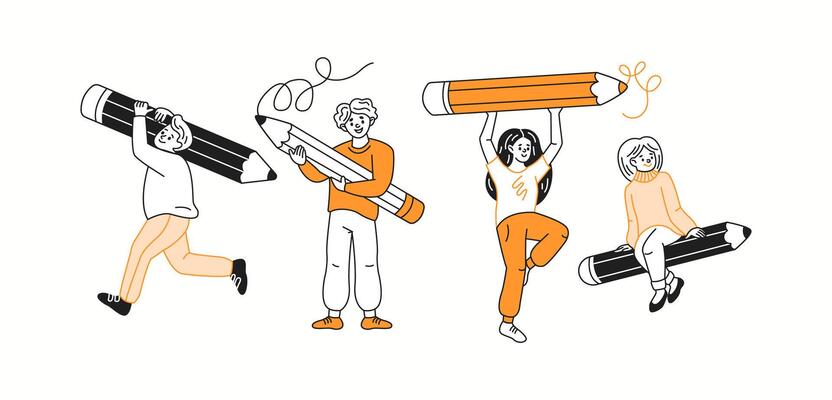 Young artists and students with giant pencils color linear icons collection. Creativity and imagination doodle characters on white background