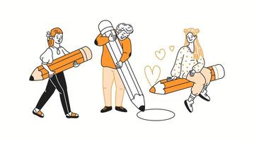 Young artists use enormous pencils color linear icons collections. Creative students producing vibrant drawings doodle characters on white background vector