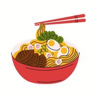A steaming hot bowl of traditional Japanese ramen with boiled eggs, narutomaki, and vegetables, illustrated in a rich and colorful modern. vector