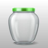 Realistic 3D illustration of a rounded glass jar with a green lid. Suitable for food preservation, spices, and ingredient storage. vector