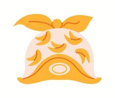 Illustration of a cheerful yellow bucket hat with a banana print and a stylish tied bandana, perfect for sunny and tropical vibes. vector