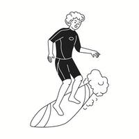 A surfer balancing on a surfboard while riding a big ocean wave, illustrated in a bold black and white doodle-style with dynamic movement. vector