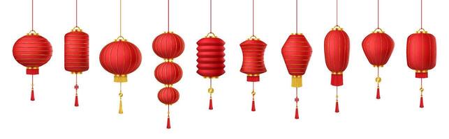 Red paper Chinese lanterns with tassels realistic color icons set. Traditional Asian decor for holiday celebration 3d objects bundle on white vector