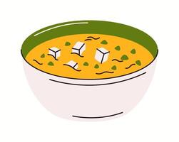 Illustration of a steaming bowl of traditional miso soup, featuring soft tofu cubes, seaweed, and fresh green onions, drawn in a warm and comforting style. vector