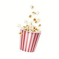 3D illustration of a red and white striped popcorn bucket with flying pieces. Symbol of movie theaters, cinema experiences, and entertainment, suitable for design and advertising. vector