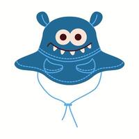 Illustration of a playful blue monster bucket hat featuring googly eyes, small horns, and string ties, perfect for kids with imagination. vector
