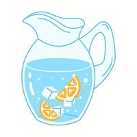 Illustration of a glass jug filled with cold water, floating orange slices, and ice cubes, symbolizing hydration and vitamin-rich drinks. vector