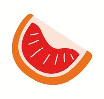 Illustration of a fresh grapefruit slice in a simple flat style. The fruit has a vibrant red interior and an orange peel, highlighting its juicy texture. vector
