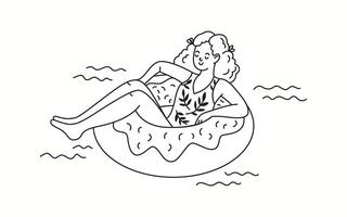 A cheerful young girl lying on an inflatable donut float, enjoying the waves and warm summer weather in a doodle-style black and white illustration. vector