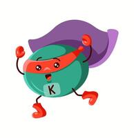 Illustration of a potassium superhero character with a green body, red mask, and purple cape, emphasizing its role in body function and muscle health. vector