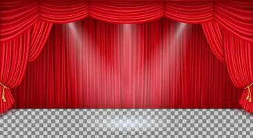 A luxurious 3D illustration of a theater stage with a rich red draped curtain and soft ambient lighting, emphasizing drama and performance. vector