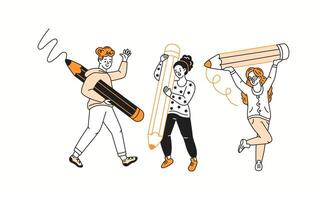 Pupils use large pencils to draw color linear icons collection. Teenagers enjoy creative activity during art class doodle characters on white background vector