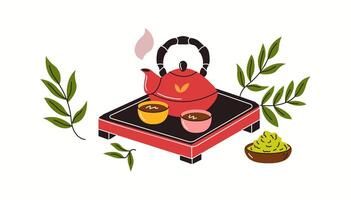 Illustration of a beautifully arranged Asian tea ceremony setup, featuring a red teapot, two tea cups, and fresh tea leaves, drawn in an elegant and minimalistic style. vector