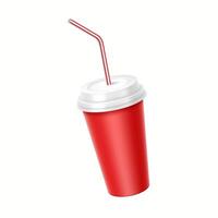 3D realistic illustration of a red takeaway soda cup with a lid and striped straw. A common beverage for movie theaters, fast food, and soft drink advertising. vector