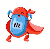 Illustration of a sodium superhero character in blue and red, highlighting its role in electrolyte balance and nervous system support. vector