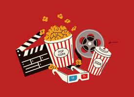 Illustration featuring movie night essentials, including popcorn, a film reel, clapperboard, and 3D glasses, drawn in a bold and colorful style. vector