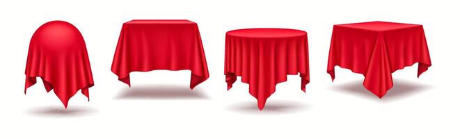 Geometric forms draped in crimson silk fabric realistic color icons set. Decorated podiums with red tablecloths 3d objects bundle on white vector