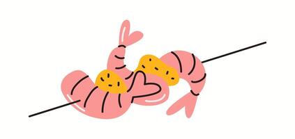 Illustration of deliciously grilled shrimp skewers, seasoned with spices and arranged on a stick, a popular street food snack in many Asian countries, depicted in a clean style. vector