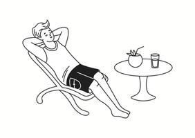 A man enjoying his vacation, lying on a lounge chair with a coconut drink beside him, relaxing and soaking up the summer sun in a doodle-style illustration. vector