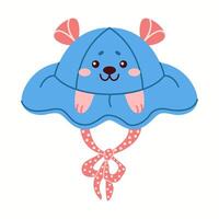 Illustration of a bear-inspired bucket hat in blue, featuring small ears, a playful face, and a wide wavy brim with polka dot ties. vector