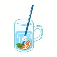 Illustration of a glass mug with a handle, filled with water, ice cubes, a citrus slice, and a straw for refreshing hydration. vector