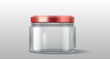 Realistic 3D illustration of a short glass jar with a red lid. Perfect for storing spices, sugar, and dried herbs. vector