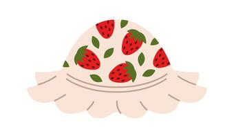Illustration of a light-colored bucket hat decorated with red strawberries and green leaves, designed for a fresh and playful summer look. vector