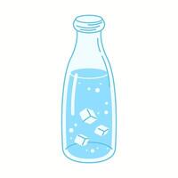 Illustration of a tall and elegant glass bottle filled with fresh drinking water and floating ice cubes, symbolizing purity and cooling refreshment. vector