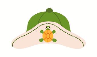 Illustration of a turtle-themed bucket hat with a wide beige brim and a green top, featuring a small turtle print for a cute summer style. vector